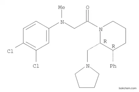 Molecular Structure of 1034708-07-0 (Ethanone, 2-[(3,4-dichlorophenyl)methylamino]-1-[(2R,3R)-3-phenyl-2-(1-pyrrolidinylmethyl)-1-piperidinyl]-, rel-)